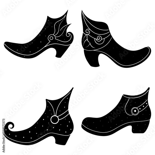 Collection of four black silhouette vintage style ankle boots with decorative elements and heels