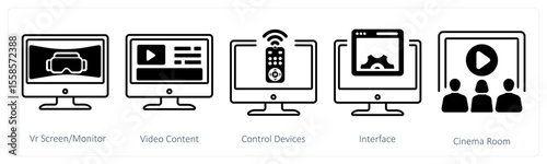 A set of 5 mix icons as vr screen, video content, control devices