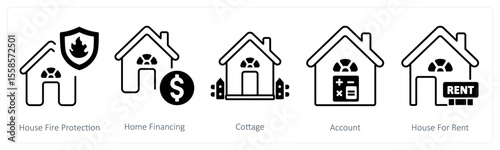 A set of 5 mix icons as house fire protection, home financing, cottage