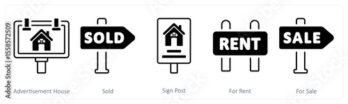 A set of 5 mix icons as advertisement house, sold, sign post