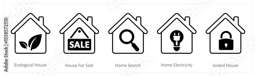 A set of 5 mix icons as ecological house, house for sale, home search