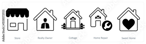 A set of 5 mix icons as store, realty owner, cottage