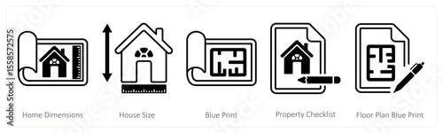 A set of 5 mix icons as home dimensions, house size, blue print