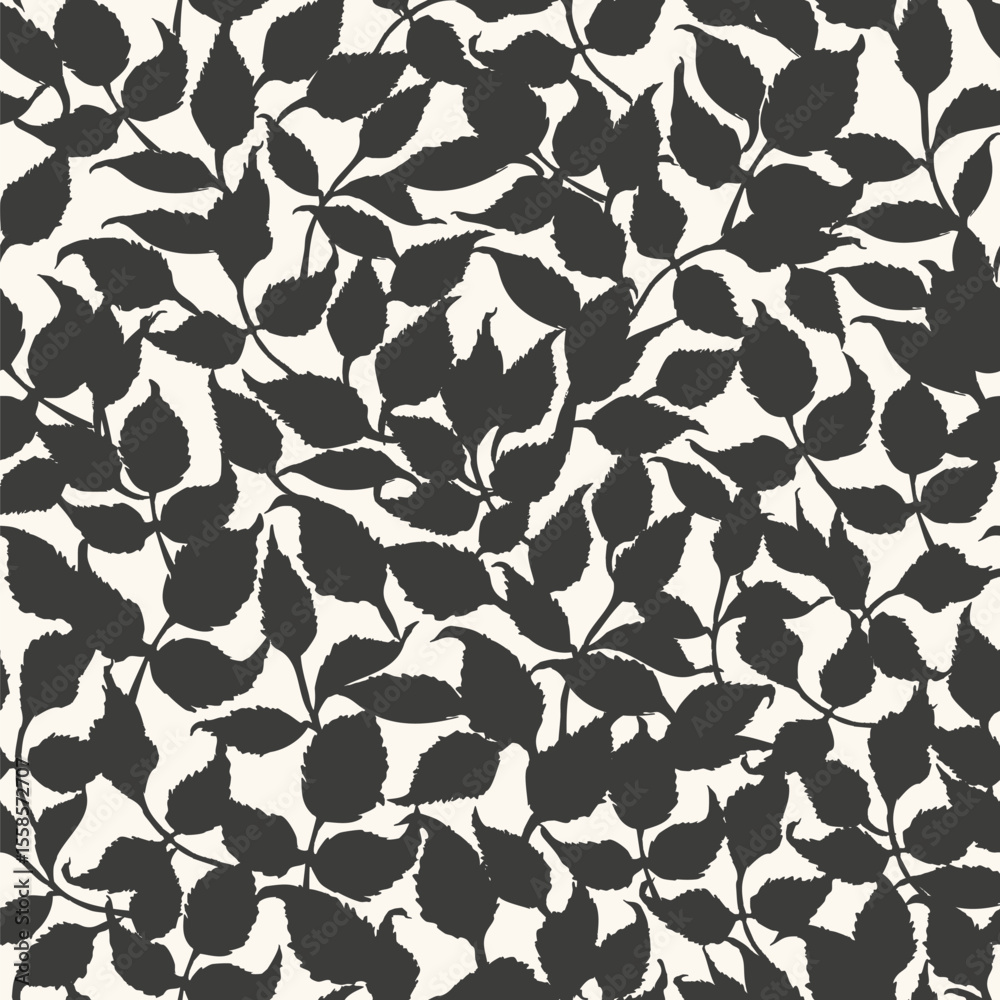 Fototapeta premium Hand drawn vector floral seamless pattern with leaves in black anf white.