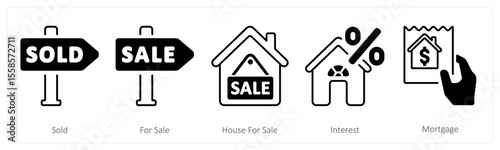 A set of 5 mix icons as sold, for sale, house for sale