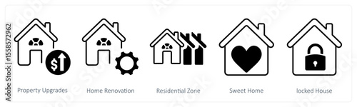 A set of 5 mix icons as property upgrades, home renovation, residential zone