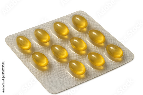 Pharmaceutical blister pack displaying yellow softgel capsules, representing medical treatment, transparent background highlighting healthcare innovation photo