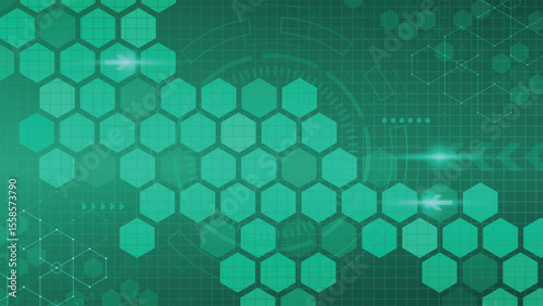 Green hexagon background featuring futuristic grid elements and digital technology style perfect for modern abstract designs presentations web graphics and innovative creative projects