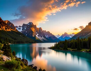 Papier peint photo Canada Mountain lake sunset reflection  © Jangan