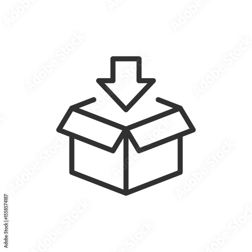 Box with down arrow, linear icon. Download, receive, store goods. Line with editable stroke.