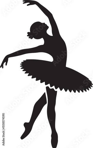 Black Silhouette of a Ballerina in a Tulle Skirt Performing a graceful Pose on a White Background Elegant Dance Art Design Graphic