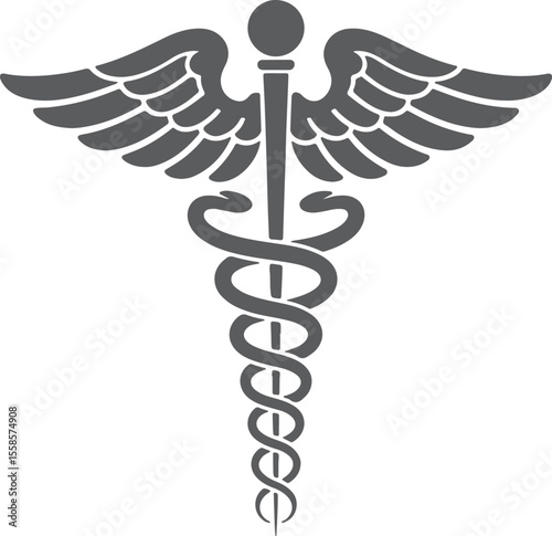 Gray Caduceus Medical Symbol with Wings Silhouette Illustration Healthcare Icon Graphic Design Element