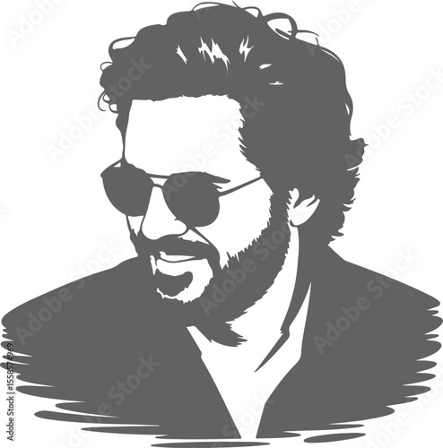 Gray Scale Silhouette Portrait of a Man with Curly Hair and Sunglasses Smiling Slightly