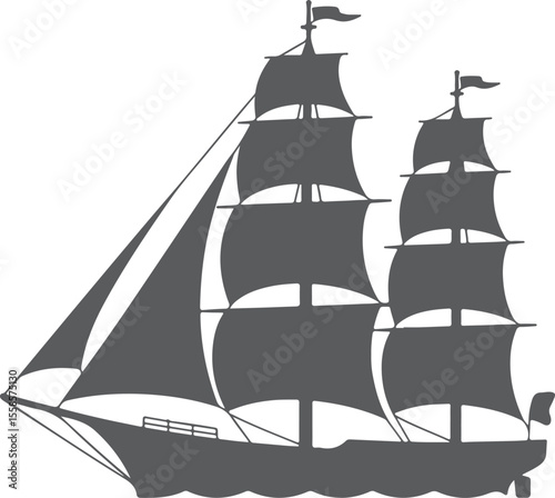 Gray Silhouette of a Three Masted Sailing Ship with Full Sails on White Background Nautical Vessel Illustration Maritime Graphic Design Element