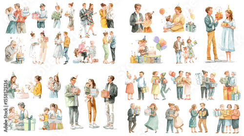 Watercolor illustrations of people giving and receiving gifts, ideal for celebration scenes, holiday moments, and joyful storytelling visuals.

