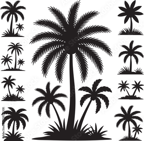 Collection of black silhouette palm trees with grass on a white background