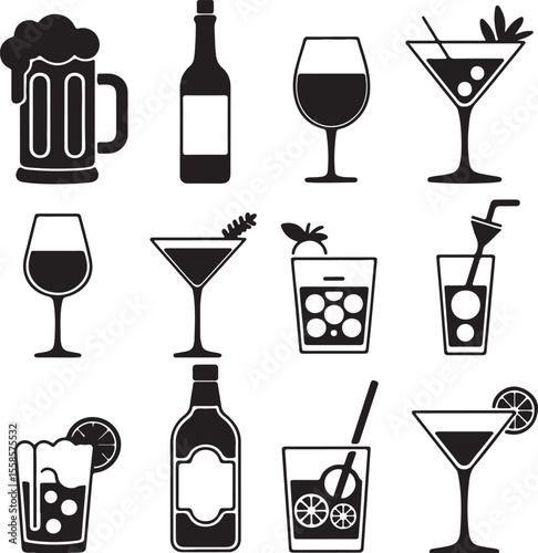 Twelve Black Silhouette Icons of Alcoholic Beverages Beer Wine Cocktails Liquor Bottles Glasses and Mugs