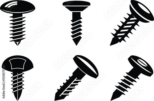 screw silhouette  set,  hardware tool vector, construction screw icon