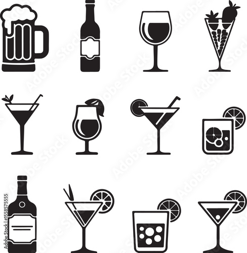 Twelve Black Silhouette Icons of Alcoholic Beverages Beer Wine Cocktails Martini Glass Whiskey Bottle and Mixed Drinks on White Background
