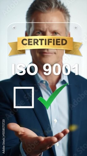 ISO certification and quality assurance concept with digital documents, checklists, and compliance icons, ideal for business standards, manufacturing, international regulation visuals