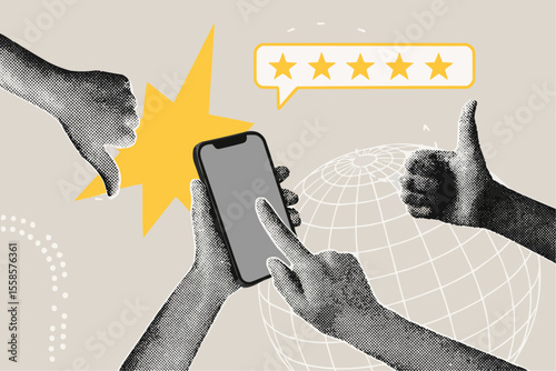 Modern halftone collage. Quality concept, reviews, rating, discussion. Phone with five star rating. Hands with thumbs up and thumbs down gestures.Modern business collage for design.