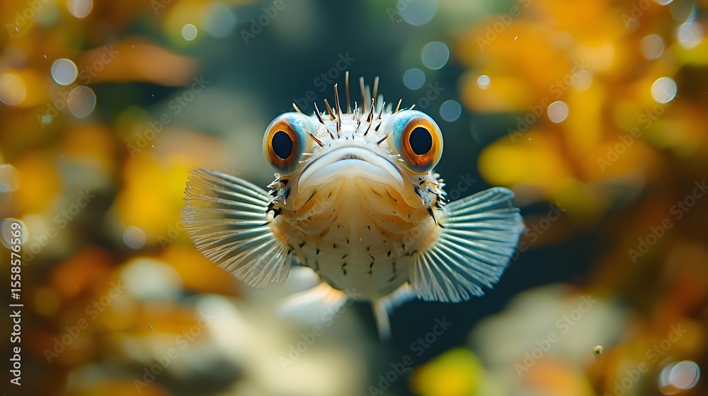 Obraz premium A curious pufferfish with a spiky textured profile floating underwater