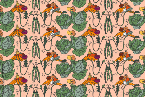 Botanical colorful decorative vegetables seamless pattern vector illustration. Repeating different veggies plants with Roots Stems Leaves in beige background. Graphic design for Fashion Cover Textile