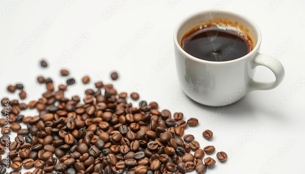 Obraz premium A steaming cup of coffee beside scattered coffee beans on a pristine white table, flat lay, texture
