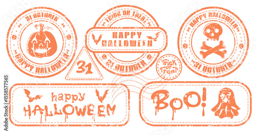 Set of Happy Halloween grunge retro rubber stamps with ghost, pumpkin ang flying bat. Collection of grunge textured holiday stickers or labels. Vector element