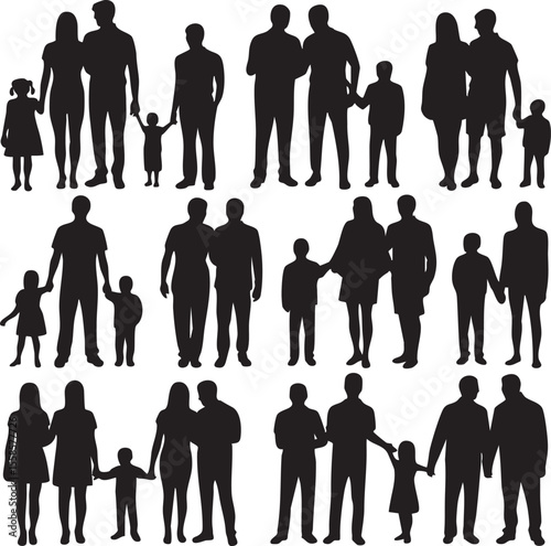 Collection of diverse family silhouettes holding hands and standing together in various groupings