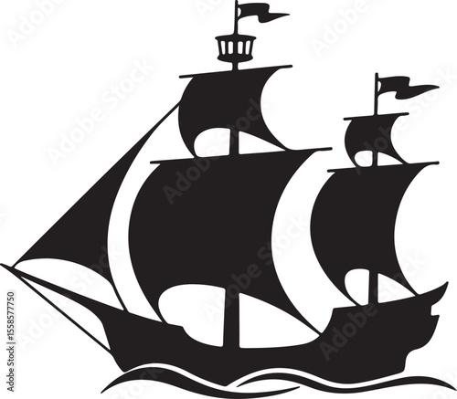 Black Silhouette of a Three Masted Sailing Ship on White Background Nautical Vessel Ocean Sailing Boat Icon Graphic Design Element