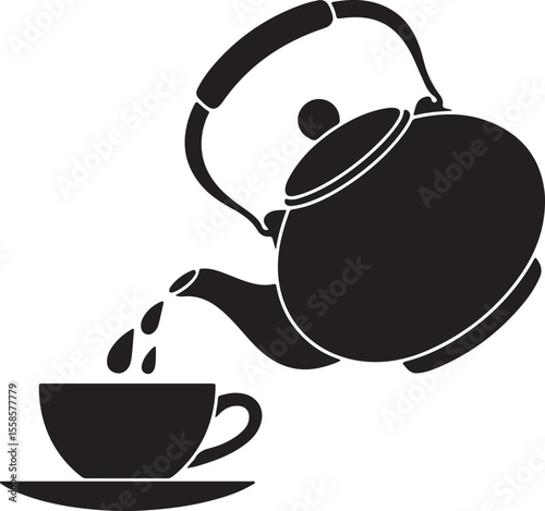 Black Silhouette Teapot Pouring Tea into a Cup on Saucer Simple Graphic Design Illustration