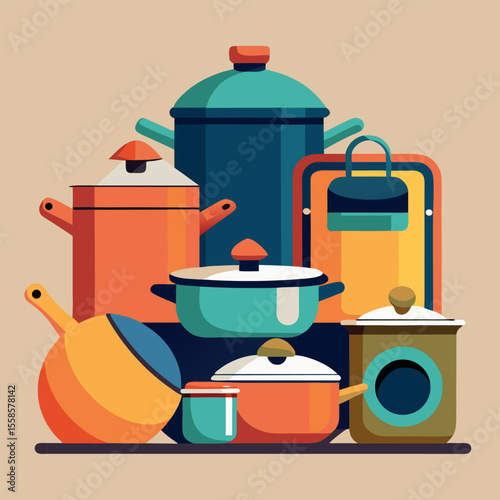 Full-color vector set of pots, pans, and cooking vessels with metallic and ceramic textures, stylized and modern design.