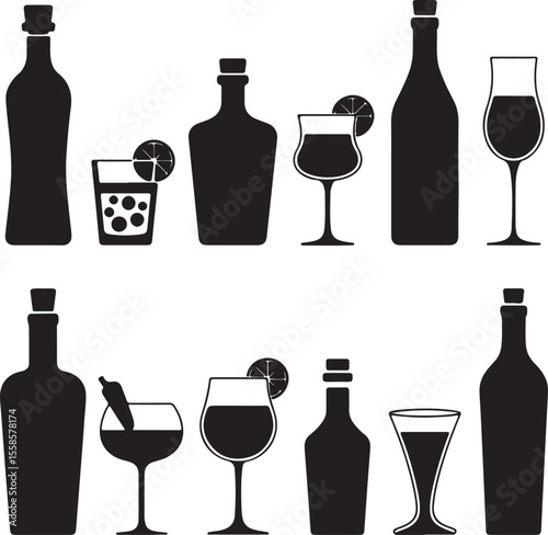 Collection of Black Silhouette Alcohol Bottle and Glass Icons Isolated on White Background Simple Liquor Drinkware Set for Menu Design