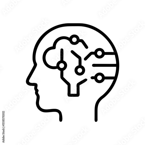 Digital Brain Mapping Line Icon – Futuristic AI Head Vector on White Background