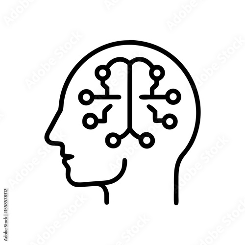 Digital Brain Mapping Line Icon – Futuristic AI Head Vector on White Background
