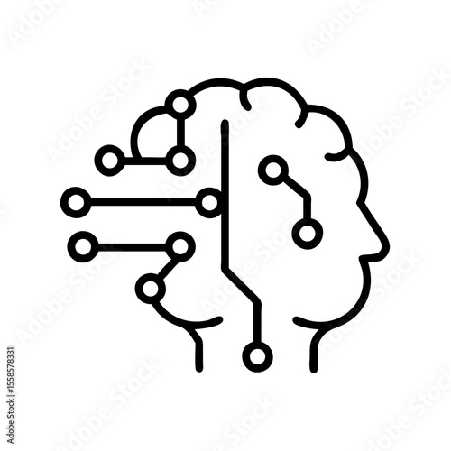 Digital Brain Mapping Line Icon – Futuristic AI Head Vector on White Background