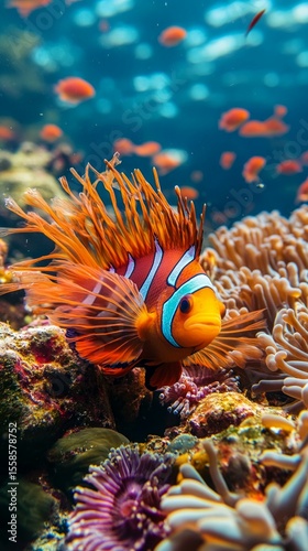 Bright underwater world with clownfish among anemones. Ideal for materials about marine life, aquaristics, ecological projects.