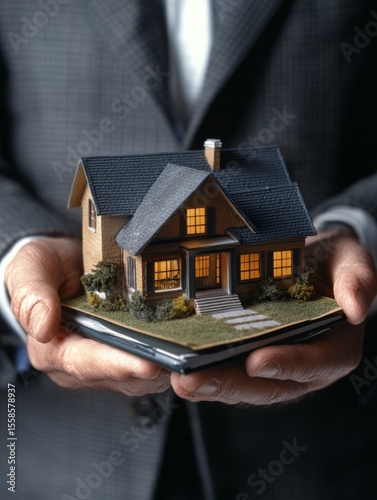 A man's hand holding a small realistic looking model of a two story home.