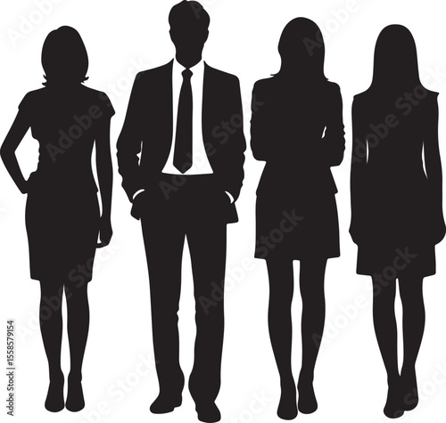 Four Black Silhouettes of Business Professionals a Man and Three Women Standing Together in a Row Against a White Background