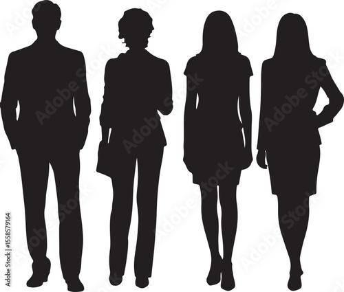 Four Black Silhouettes of Business Professionals Standing Together a Man and Three Women in Formal Attire a Vector Illustration