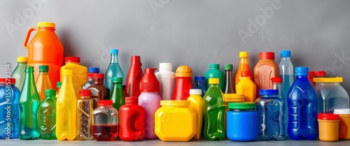 A vibrant collection of colorful plastic bottles and containers against a muted gray backdrop,   reuse,  recycling