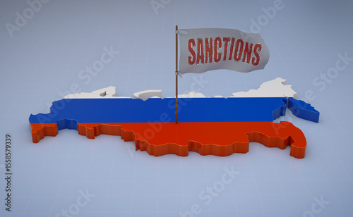 Sanctions imposed on Russia symbolized by flag on map, representing economic and political pressure. 3D render.

