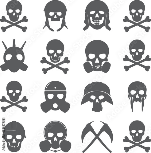 Sixteen grayscale skull silhouettes various headgear gas masks crossed bones hazard warning icons danger symbols safety signs
