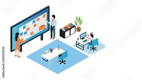 Isometric view of a modern office space with people collaborating and working at their desks nicely done