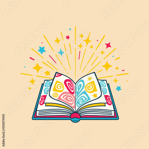 Enchanted Tome of Imagination: An open book with vibrant, swirling patterns bursts forth with streams of color and radiant star, symbolizing endless possibilities.