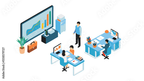 Isometric office scene showing employees at desks with computers and a presentation screen area exactly
