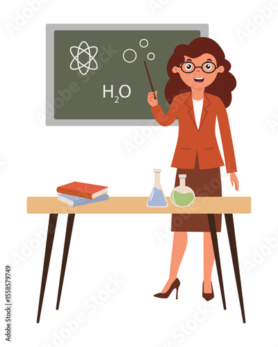 Science teacher conducting a lesson on water and chemical reactions in a classroom. Business woman in flat style on white background. Vector illustration isolated. 