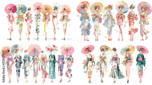 Elegant watercolor illustrations of women in traditional Japanese kimono with parasols, ideal for cultural projects, fashion prints, and Asian-themed designs.

