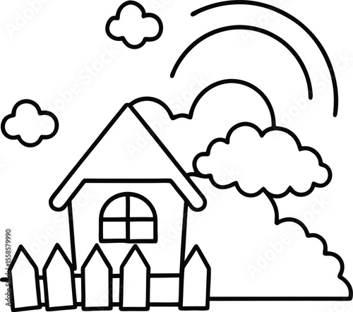 Charming Cottage with Rainbow and Fluffy Clouds	